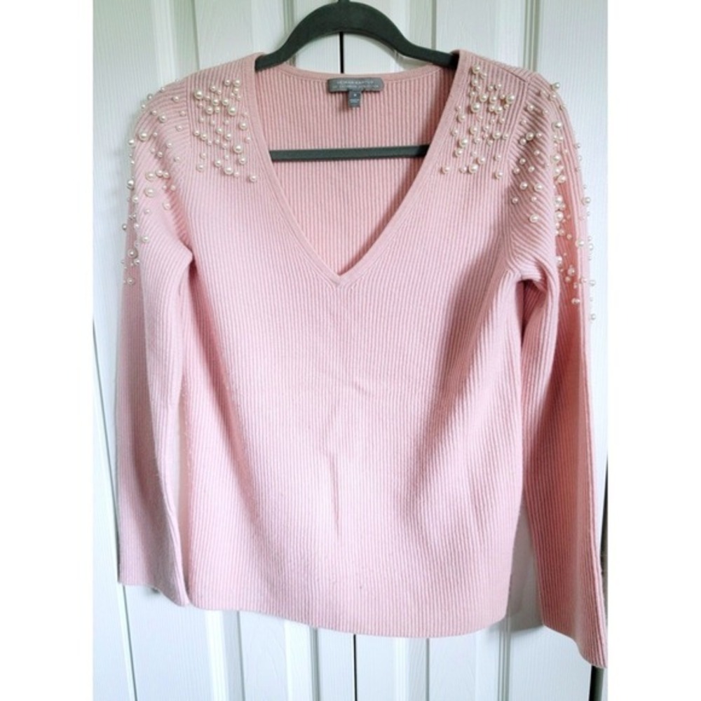 Neiman Marcus Cashmere Collection Pink Pearl Embellished V-Neck Sweater Small - Picture 6 of 12